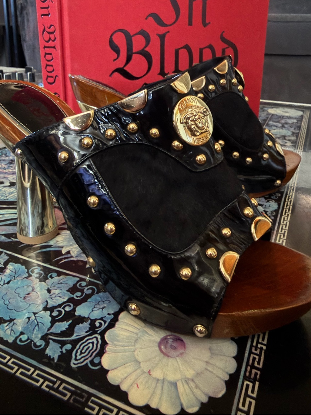 Versace Vintage Gold-Embellished Black Leather Slide Heels - Women's
